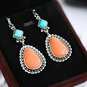 New Boho 925 Silver Earrings for Women Turquoise Wedding Jewelry Gift A Pair/set